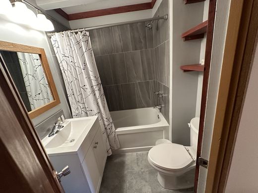 Bathroom with a tiled tub and shower and a white vanity