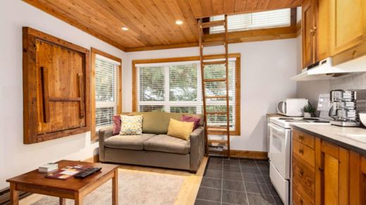Living room with a cedar plank ceiling, a sofa and windows to the trees, open to the kitchen