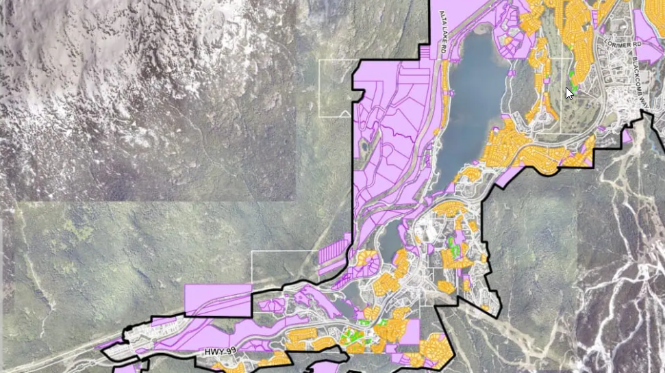 Whistler zoning map showing residential and tourist-accommodation areas, one of the three rule sets that decide whether a rental counts as short-term or long-term.